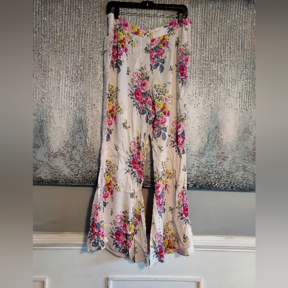 Anthropologie Pink and Cream Floral Lace Wide-Leg High Waist Satin Pants Sz-12 - Picture 6 of 13